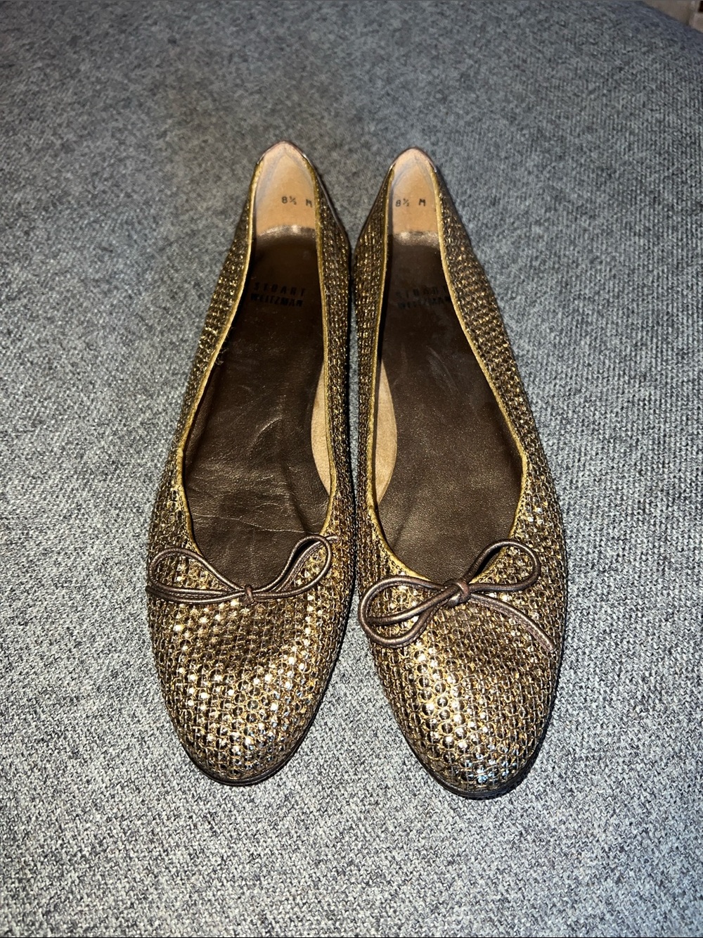 Stuart Weitzman Metallic Bronze Woven Ballet Flats with Bow 8.5